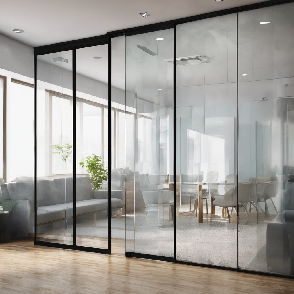 A modern bathroom with a sleek semi-frameless glass partition dividing the shower area; clean and contemporary design.